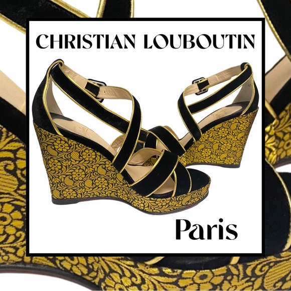 CHRISTIAN LOUBOUTIN Paris Black Velvet Gold Brocade Wedge Platform Shoe SZ 39 - Picture 1 of 10